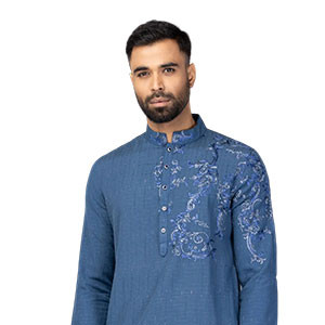 Slate Blue Embroidered Cotton Slim Fit Panjabi