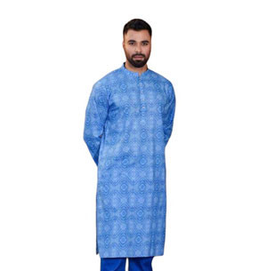 Blue color printed cotton regular fit Panjabi For Men