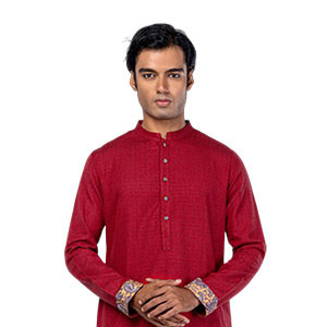 Panjabi - Red Handloom Viscose-Cotton Slim Fit Panjabi