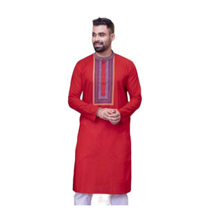 Printed red cotton regular fit ekchat Panjabi For Men