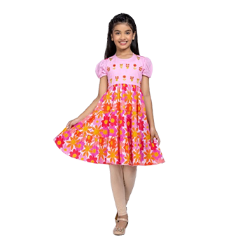 Baby Girls - Pink Printed and Embroidered Voile Linen Frock