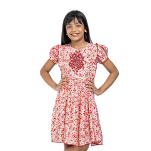 Kids Frocks - Ivory Printed and Maroon Mixed Cotton Frock