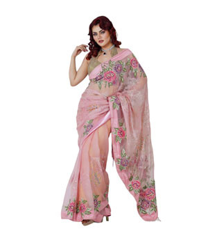 Melon Orange Embroidered Muslin Sharee For Women