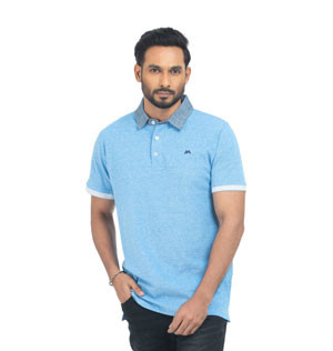 Woven Collar Solid Polo  Shirt - Sky For Men