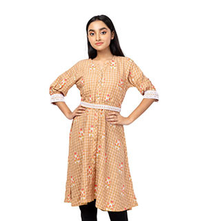 Girls Kids - Mocha Textured and Printed Mixed Cotton Frock