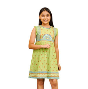 Kids Frocks  -  Lime green color cotton printed girls Frock