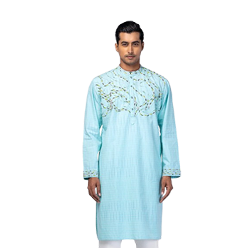 Light Cyan Striped and Embroidered Cotton Panjabi