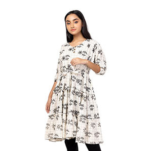Girls Kids - White Textured and Printed Mixed Cotton Frock