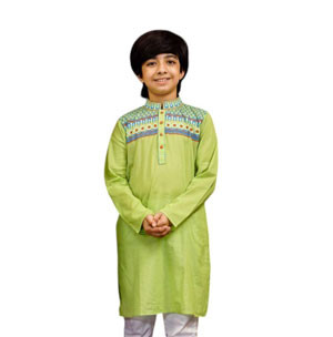 Kids Panjabi - Lime green color cotton printed boys Panjabi