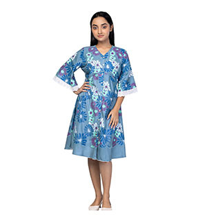 Girls Kids -  Blue Printed Mixed Cotton Frock
