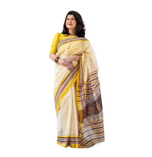 Cream Color Block-print and handwork Cotton Sharee For Women