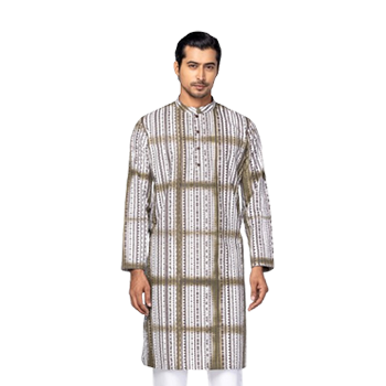 White/Sage Green Tie-Dyed and Printed Cotton Panjabi