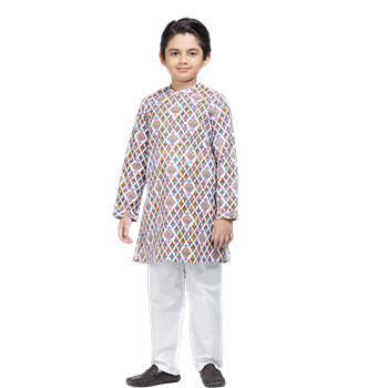 Kids Panjabi  -   White Printed Cotton Panjabi Pajama Set