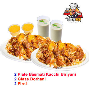 Intimate Culinary Duo: Basmati Kacchi with Borhani & Firni - Perfectly Portioned for Two, a Symphony of Traditional Flavors