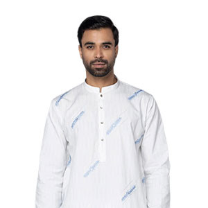 Panjabi - White/Blue Striped and Embroidered Viscose-Cotton Panjabi