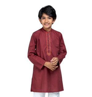 Kids Panjabi - Brown Printed and Embroidered Cotton Panjabi