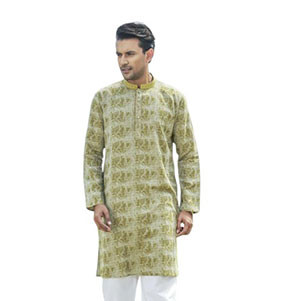 Short Panjabi -  Olive color design  cotton embroidered regular fit ekchat Panjabi.