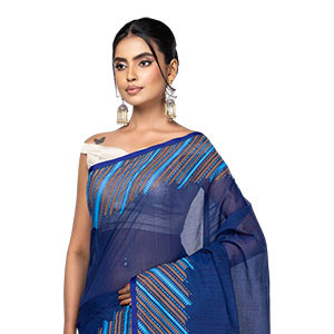 Sharee - Navy Blue Brush Painted and Embroidered Cotton Sharee