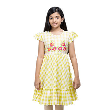 Kids Frocks  - White/Yellow Embroidered Cotton Frock