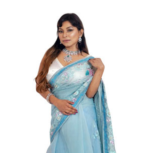 light Blue Embroidered Muslin Sharee For Women