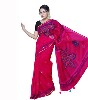 Women Embroidered Printed Half Silk Sharee