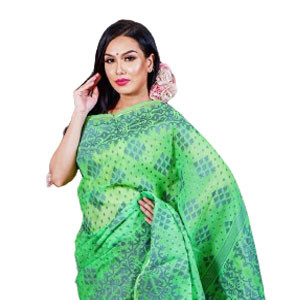 Green And Ash color contrast Silk Jamdani Sharee