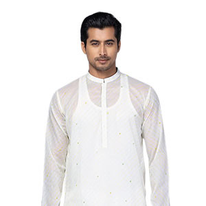 Panjabi - White Printed Addi Cotton Panjabi