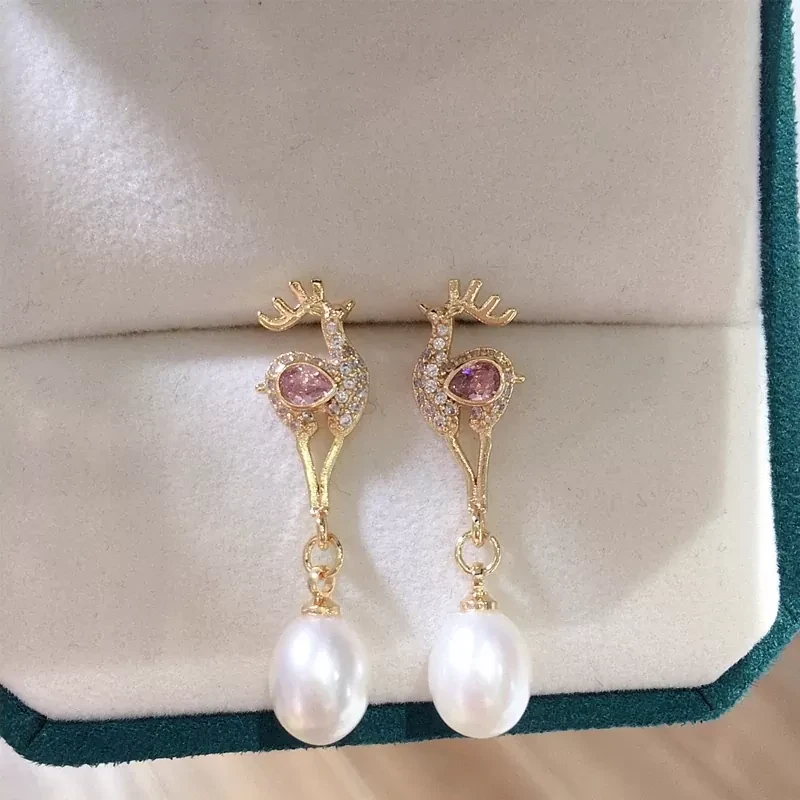 Earring Tops -  Pink Zircon Elk Earrings Natural Freshwater Pearl 14K Gold Plated