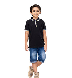Toddler Boy -  Black Mixed Cotton Polo Shirt