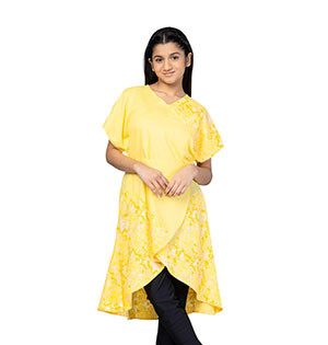 Girls Kids -  Yellow Printed Linen Frock
