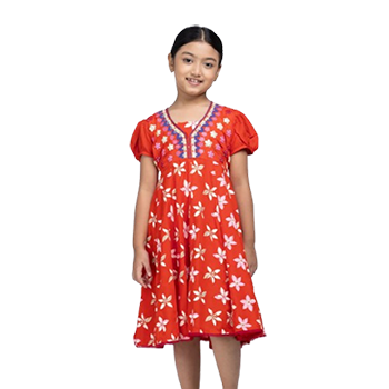 Baby Girls - Orange Prints and Embroidered Linen Frock