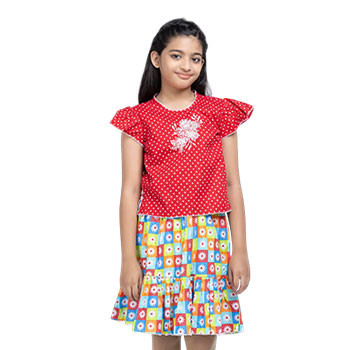 Shalwar Kameez  -  Red Printed and Embroidered Cotton Skirt Top Set