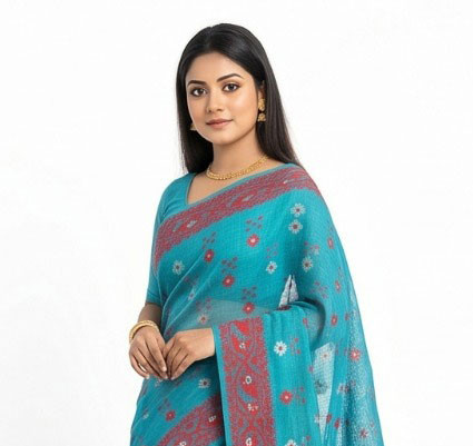 Vibrant Turquoise Tangail Jamdani Sharee