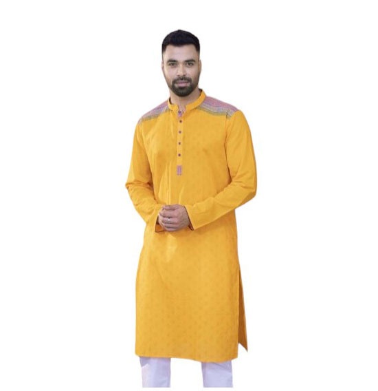 Printed yellow cotton regular fit ekchat Panjabi For Men