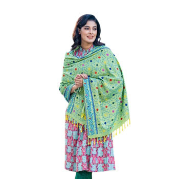 Women Shawl -  Lemon color printed & embroidered linen cotton ladies Shawl