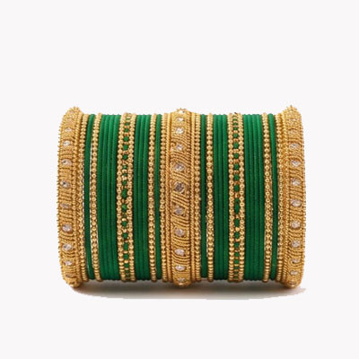Emerald Elegance Silk Thread & Gold Bangle Set