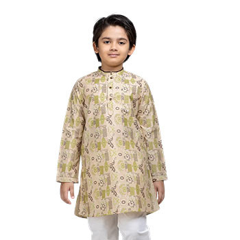 Kids Panjabi  -  Beige Printed Vortex Joysree Silk Panjabi