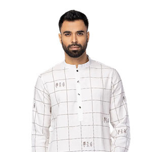 White Printed and Embroidered Cotton Slim Fit Panjabi