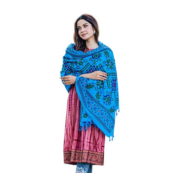 Women Shawl - Feroza color printed & embroidered linen cotton ladies Shawl