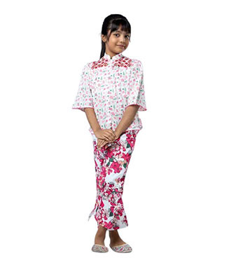 Girls Kids - White Printed and Embroidered Cotton Pant Top Set