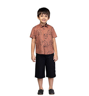 Toddler Boy -  Brown Printed Cotton Shirt Pant Set