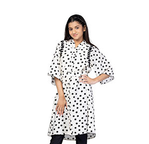 Girls Kids - Ivory Printed and Embroidered Mixed Cotton Frock