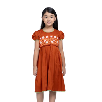 Baby Girls - Rust Embroidered Mixed Cotton frock