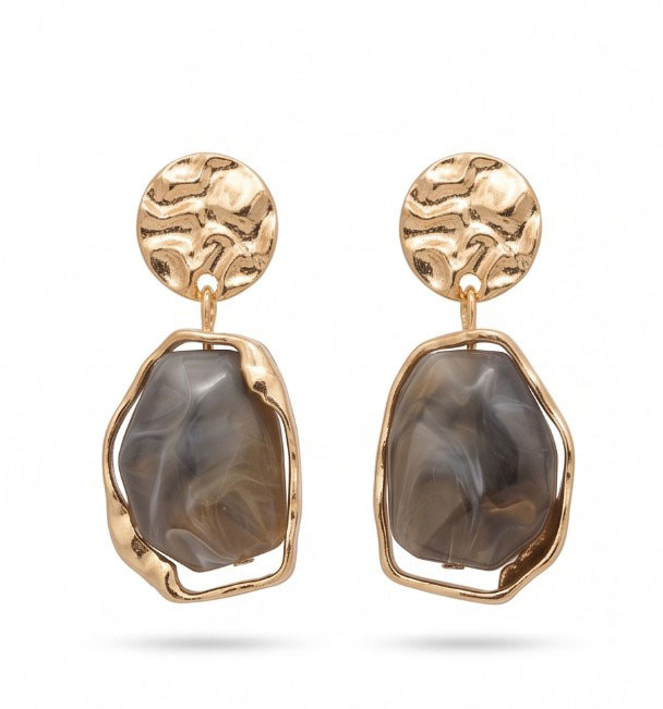 Artisan Gold Hammered Disc and Smokey Gray Resin Drop Earrings