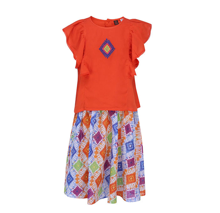 Toddler girl -  Orange Embroidered Linen Skirt Top Set