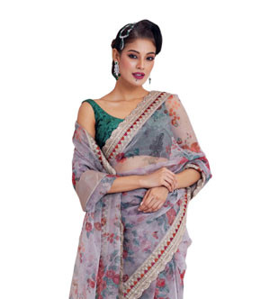 Screen Printed Jari Embroidered Muslin Sharee For Women