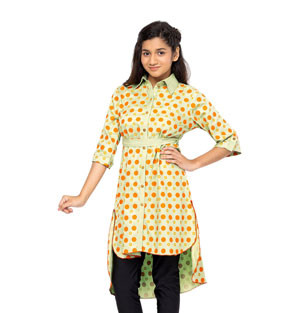 Girls Kids -  Light Green Printed Mixed Cotton Frock