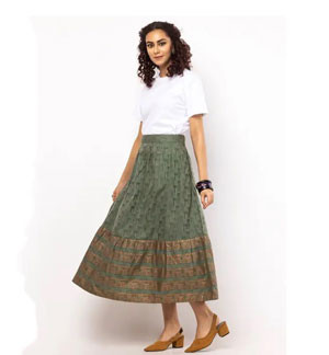 Sage Green Printed Viscose-Cotton Skirt