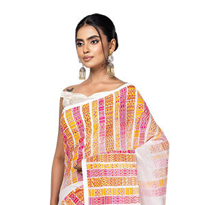 Sharee - White Brush Painted and Printed Cotton Sharee