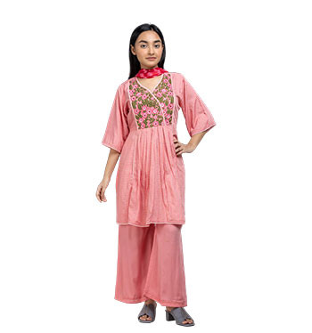 Girls Kids -  Pink Printed and Embroidered Linen Shalwar Kameez